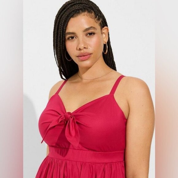 Torrid Mini Poplin Tie-Front Skater Dress in Cherries Jubilee pink size 4X - Picture 3 of 13